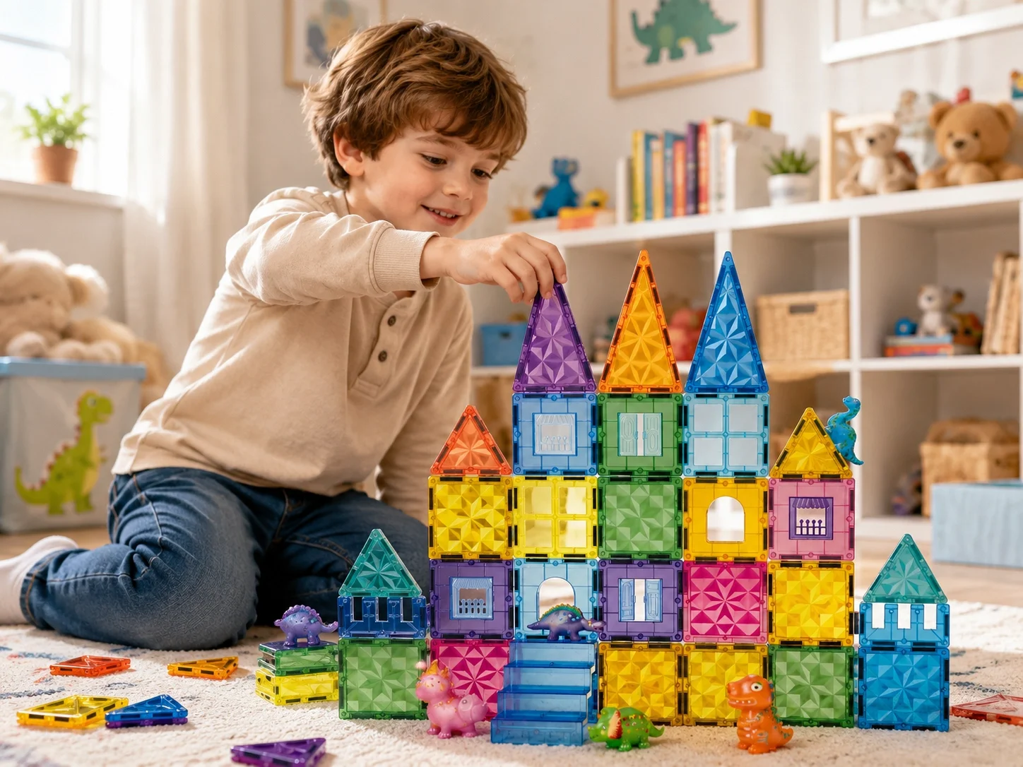 40 Parça 7,5 Cm Manyetik Yapı Blokları | Dinozor Figürlü Renkli Manyetik Set