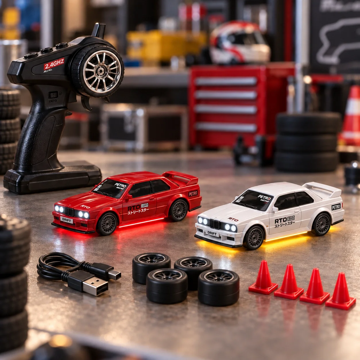 Retro BMW E30 Drift Aracı 1:43 15 KM/H LED ve Neon Işıklı Şarjlı Kumandalı