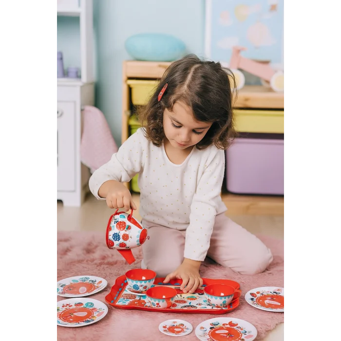 15 Parça Çiçek Desenli Metal Çay Seti