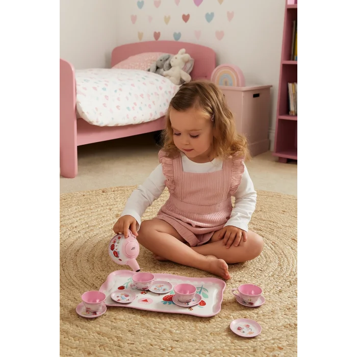 15 Parça Çiçek Desenli Metal Çay Seti