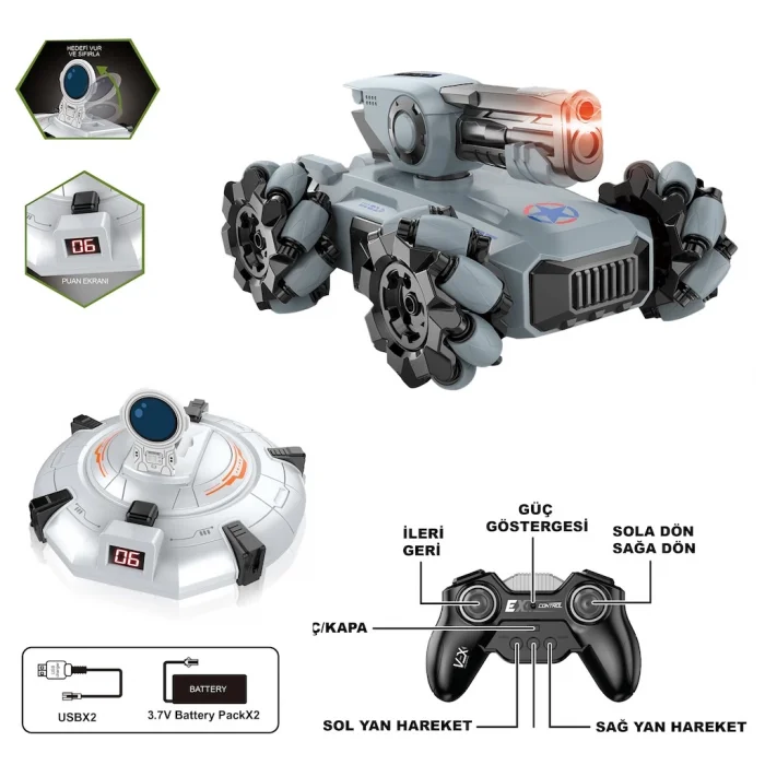 Uzaktan Kumandalı Full Fonksiyon Şarjlı 2.4G Ufo Avcısı Akrobatik Tank Araba