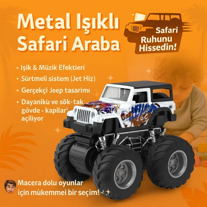 Metal Işıklı Safari 4x4 Jeep Oyuncak Araba – 1:32 Sürtmeli Işıklı Müzikli