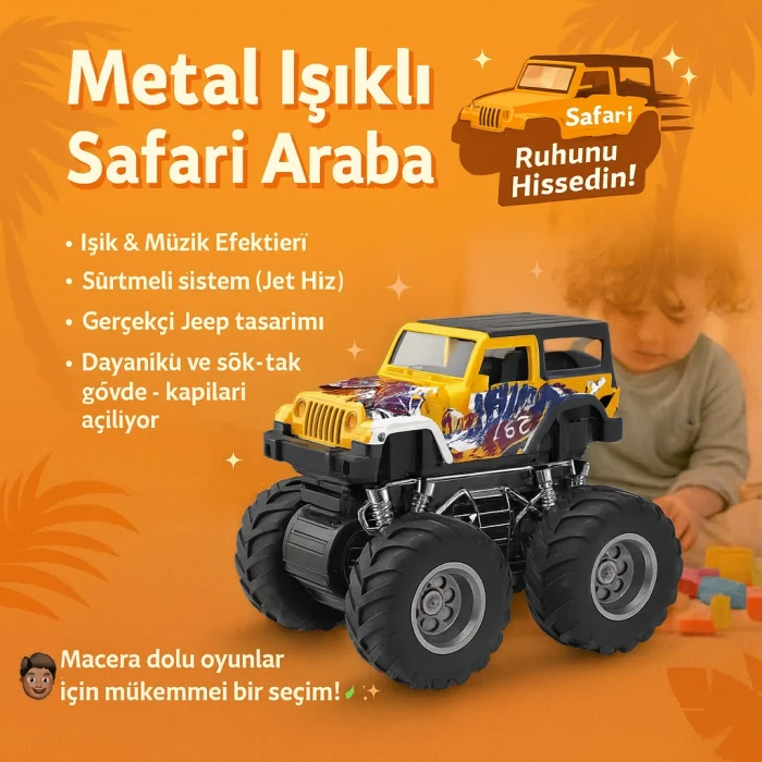 Metal Işıklı Safari 4x4 Jeep Oyuncak Araba – 1:32 Sürtmeli Işıklı Müzikli