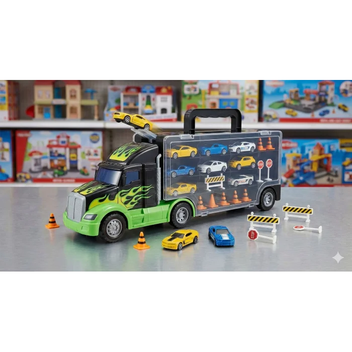 Hot Wheels Uyumlu Dev Araba Taşıyıcı Tır - Metal Araba ve Aksesuar Setli