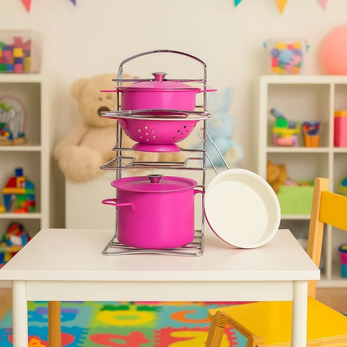 7 Parça Raflı Pembe Emaye Tencere Tava Seti