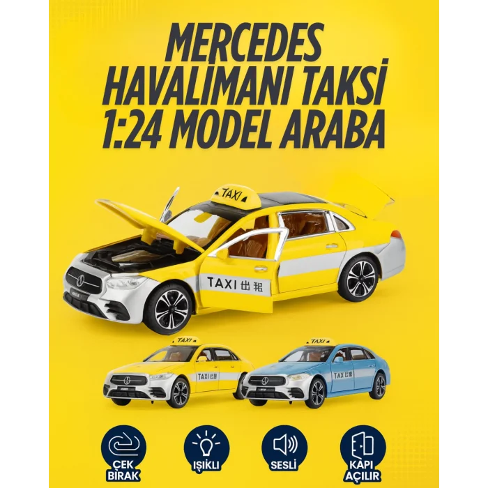 Çek Bırak Metal Mercedes Havalimanı Sarı Taksi 1:24 | Işıklı ve Sesli Oyuncak Araba