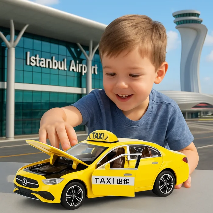 Çek Bırak Metal Mercedes Havalimanı Sarı Taksi 1:24 | Işıklı ve Sesli Oyuncak Araba