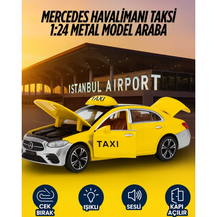 Çek Bırak Metal Mercedes Havalimanı Turkuaz Taksi 1:24 | Işıklı ve Sesli Oyuncak Araba
