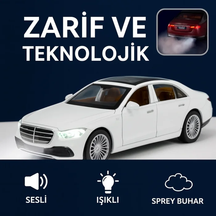 Die-Cast 1:22 Maybach Çek-Bırak Model Araba - Buhar Spreyli, Işık ve Ses Efektli