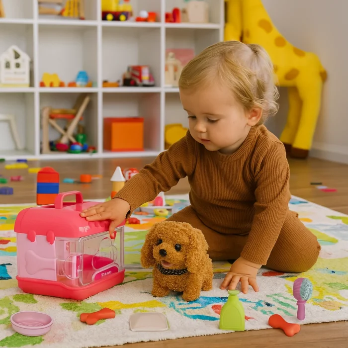 Hareketli Kıvırcık Köpek ve Işıklı Sesli Şeffaf Kafes Seti