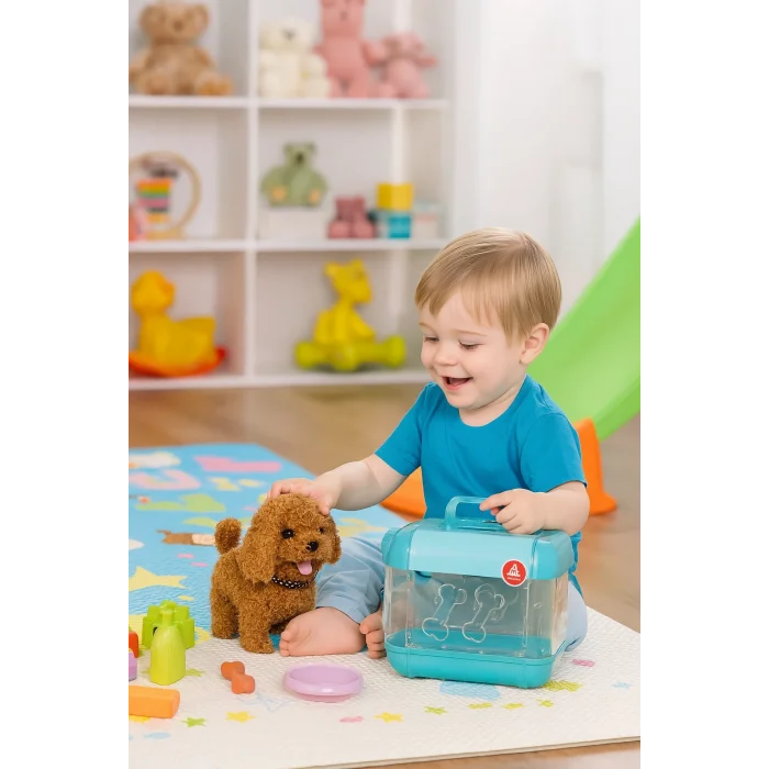 Hareketli Kıvırcık Köpek ve Işıklı Sesli Şeffaf Kafes Seti