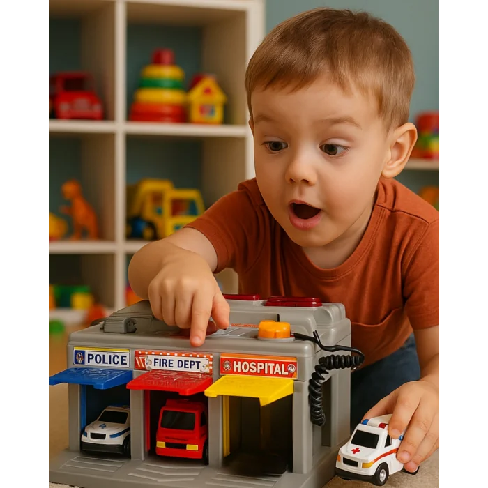 Işıklı Müzikli Acil İlk Yardım Garajı | Ambulans, Polis, İtfaiye Seti