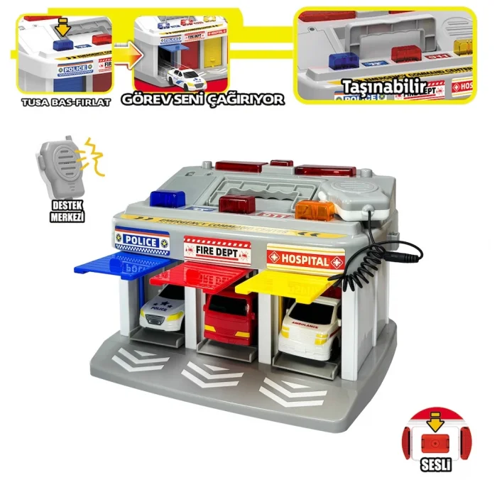 Işıklı Müzikli Acil İlk Yardım Garajı | Ambulans, Polis, İtfaiye Seti