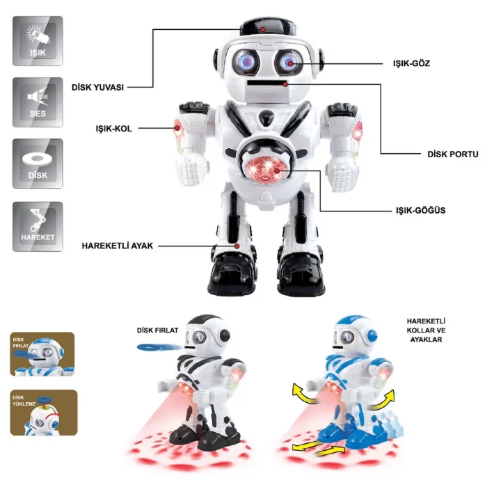 Işıklı ve Müzikli Disk Atan Uzay Savaşçısı Pilli Robot