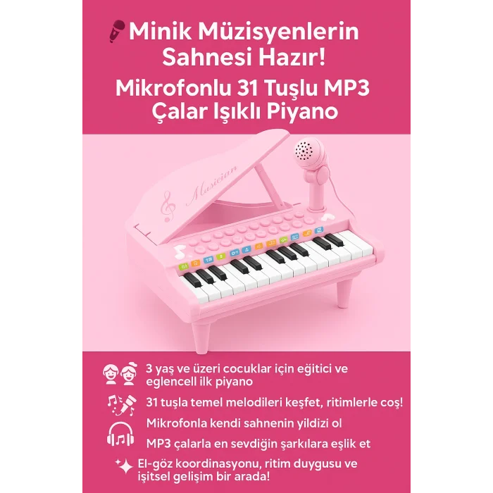 Mikrofonlu 31 Tuşlu MP3 Çalarlı Çocuk Piyano | Eğitici ve Eğlenceli Oyuncak