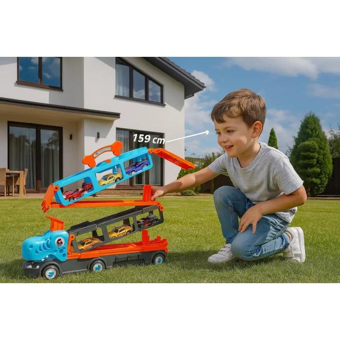 Parkurlu 6 Araçlı Araba Fırlatan Açılıp-Katlanabilir Dinozor Tır (159cm)