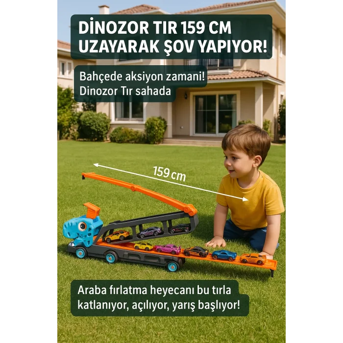 Parkurlu 6 Araçlı Araba Fırlatan Açılıp-Katlanabilir Dinozor Tır (159cm)