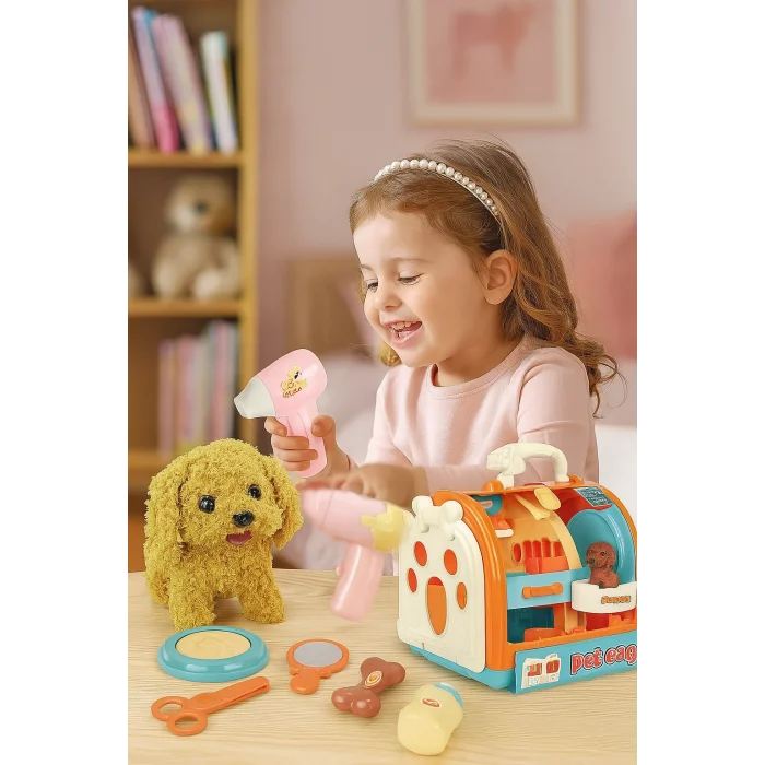 Taşıma Çantalı Hareketli Pilli Kara Köpek Set (Pet Shop)