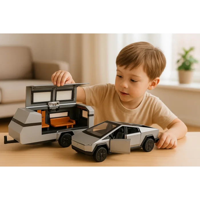 Tesla Cybertruck Karavan Metal Gri | Sesli Işıklı Çek-Bırak Model