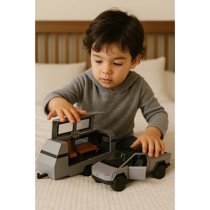 Tesla Cybertruck Karavan Metal Gri | Sesli Işıklı Çek-Bırak Model