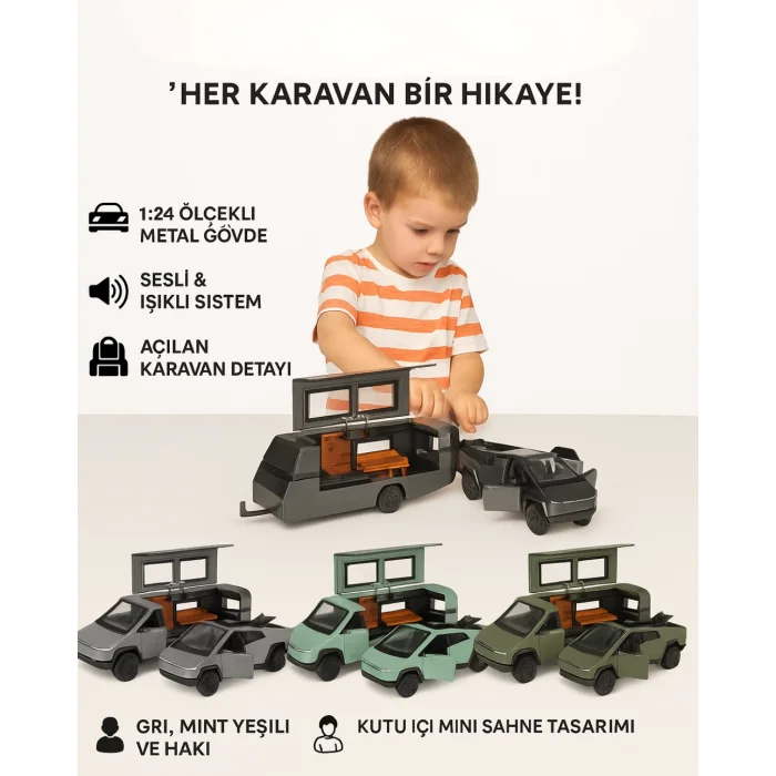 Tesla Cybertruck Karavan Metal Gri | Sesli Işıklı Çek-Bırak Model