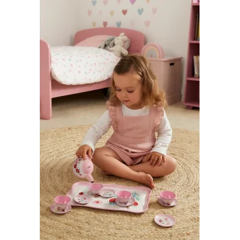 15 Parça Çiçek Desenli Metal Çay Seti