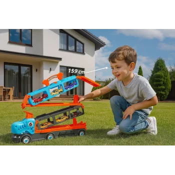 Parkurlu 6 Araçlı Araba Fırlatan Açılıp-Katlanabilir Dinozor Tır (159cm)