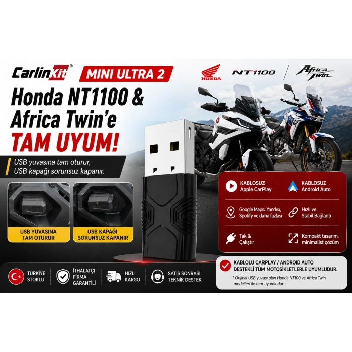 Carlinkit Mini Ultra 2 Kablosuz CarPlay & Android Auto Dönüştürücü | Honda NT1100 ve Africa Twin Motosiklet Uyumlu