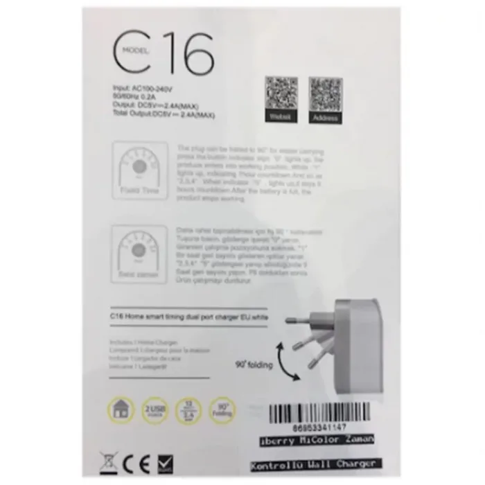 Akıllı Zaman Kontrollü Şarj Cihazı 12W 2.4A C16 2 Usb Port Iberr