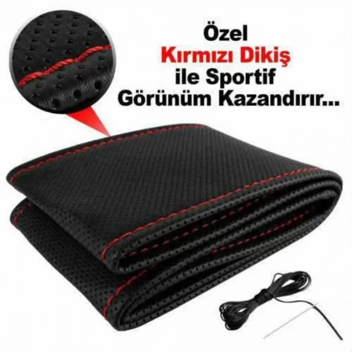 Dikme Direksiyon Kılıfı Siyah Deri Mavi Dikiş