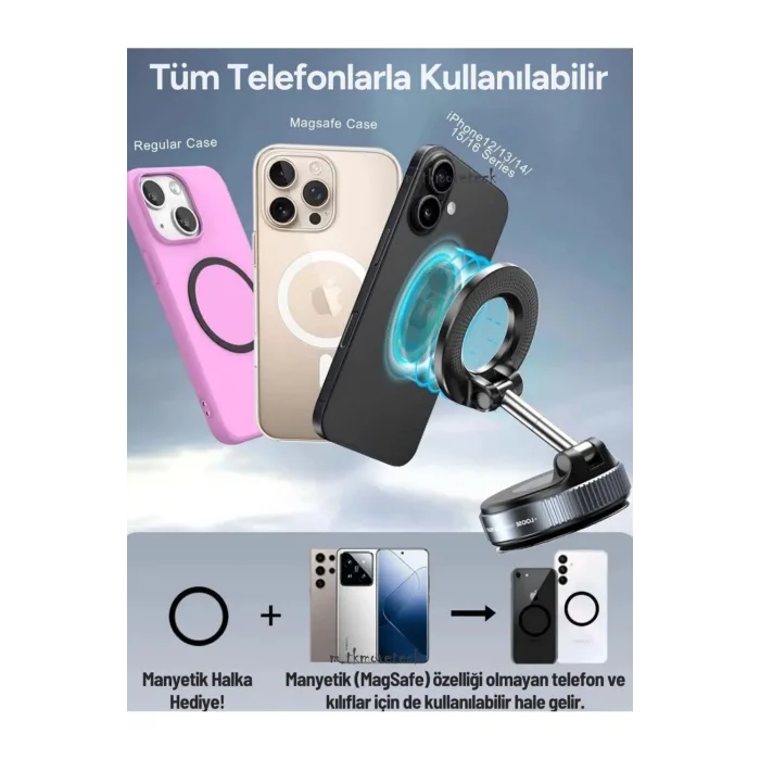 360 Dönebilen Araç İçi Telefon Tutucu Vakumlu Magsafe Destekli Masa Üstü Duvar Halka Telefon Tutucu