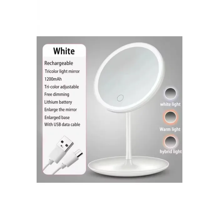 Led Işıklı Dokunmatik Makyaj Aynası Pembe Beyaz 3 Kademeli Işık Ayarlı 360° Döner Başlıklı Masaüstü Ayna