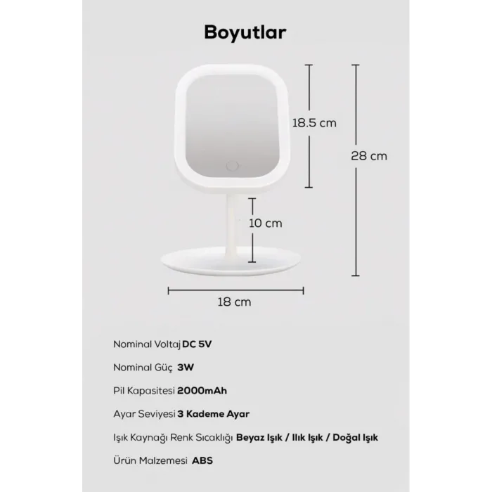 Led Işıklı Dokunmatik Makyaj Aynası Pembe Beyaz 3 Kademeli Işık Ayarlı 360° Döner Başlıklı Masaüstü Ayna Kare