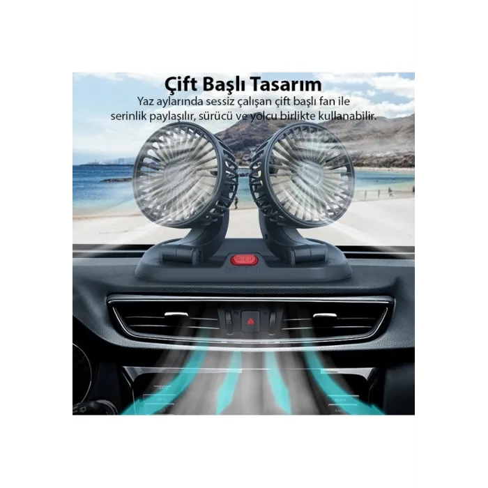 Ally F410 Usb Çift Başlıklı Araç Fanı Oto Vantilatör Fan 10w 2 Kademe Hız ayarı