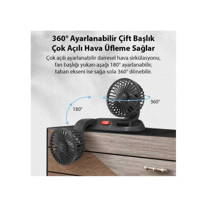 Ally F410 Usb Çift Başlıklı Araç Fanı Oto Vantilatör Fan 10w 2 Kademe Hız ayarı