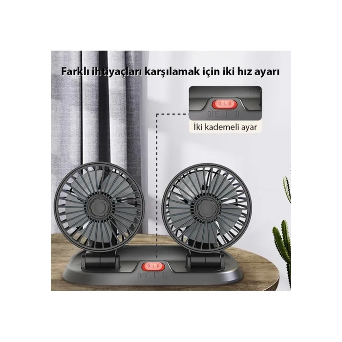 Ally F410 Usb Çift Başlıklı Araç Fanı Oto Vantilatör Fan 10w 2 Kademe Hız ayarı