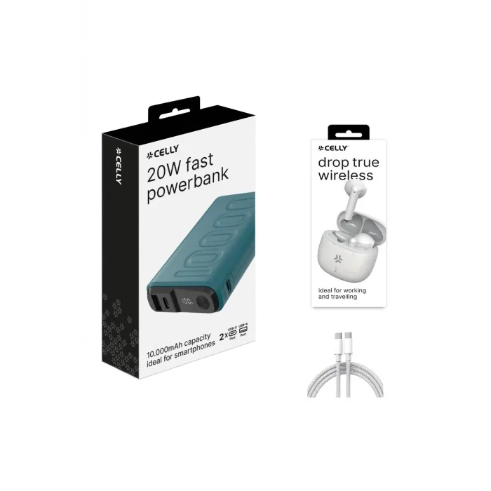 Celly PD 20W HIZLI ŞARJ 10000mAh Powerbank Bluetooth Kulaklık ve Type-c Şarj Kablosu HEDİYE