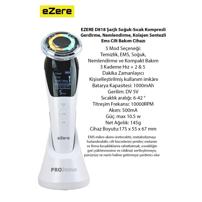 D818 Şarjlı Soğuk-Sıcak Kompresli Gerdirme, Nemlendirme, Kolajen Sentezli Ems Cilt Bakım Cihazı