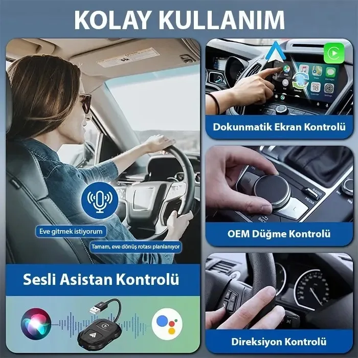 iPhone & Android Uyumlu Kablosuz CarPlay Adaptörü | 5GHz Hızlı Bağlantı | USB + Type-C Çevirici
