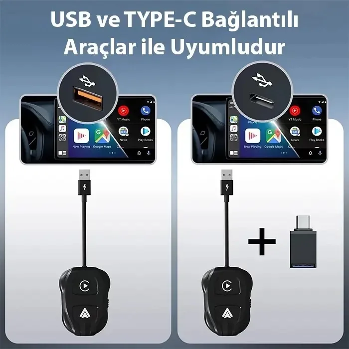 iPhone & Android Uyumlu Kablosuz CarPlay Adaptörü | 5GHz Hızlı Bağlantı | USB + Type-C Çevirici