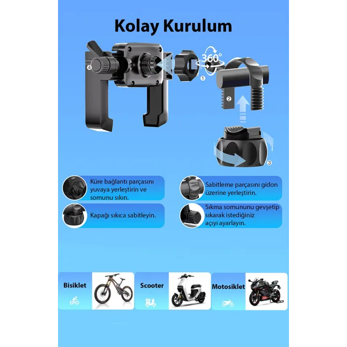 Ally Motosiklet Bisiklet Scooter İçin 360 Derece Dönebilen Gidon Bağlantılı Telefon Tutucu SIYAH