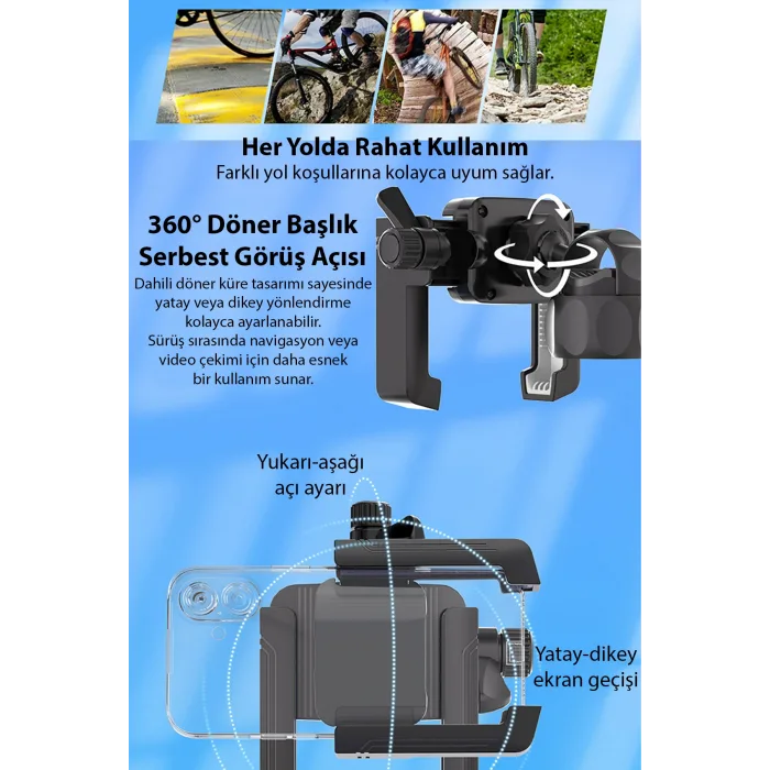 Ally Motosiklet Bisiklet Scooter İçin 360 Derece Dönebilen Gidon Bağlantılı Telefon Tutucu SIYAH