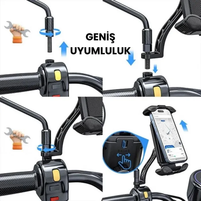 Motosiklet, Scooter, Bisiklet Uyumlu Ultra Sağlam Stabil Aynaya Takılan Motorsiklet Telefon Tutucu