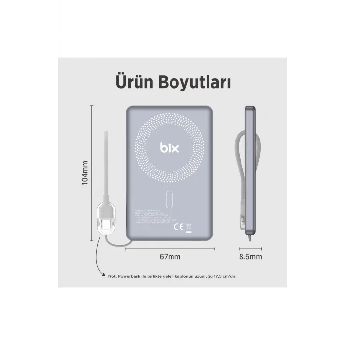 Bix PB114 5000mAh 20W Dahili Type-C Kablolu 15W Manyetik Kablosuz Şarj Özellikli Portatif Powerbank