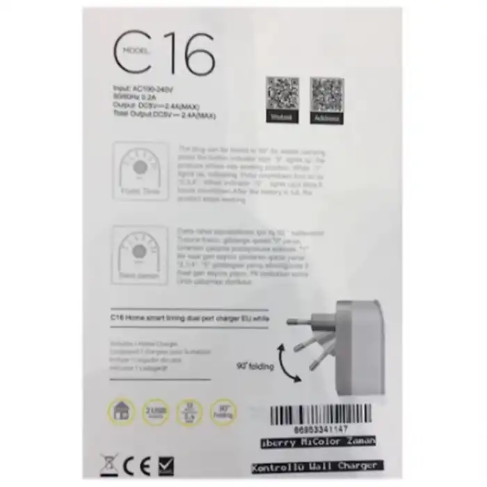 Akıllı Zaman Kontrollü Şarj Cihazı 12W 2.4A C16 2 Usb Port Iberr