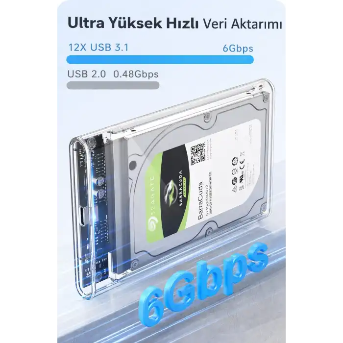 2.5  Harici Sabit Sürücü Muhafazası, 6Gbps USB C 3.1 Gen 2 - SATA III Aletsiz Şeffaf Harici Sabit Sürücü Kılıfı 7mm/UASP ile 9,5 mm 2,5 inç SSD HDD WD Toshiba Samsung PS4 PS5 ile uyumlu