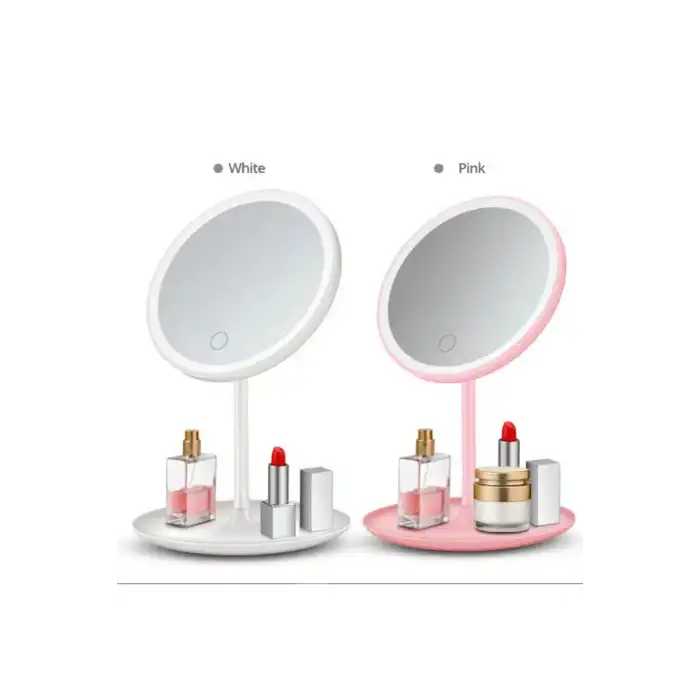 Led Işıklı Dokunmatik Makyaj Aynası Pembe Beyaz 3 Kademeli Işık Ayarlı 360° Döner Başlıklı Masaüstü Ayna