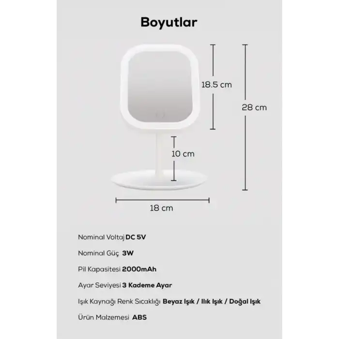 Led Işıklı Dokunmatik Makyaj Aynası Pembe Beyaz 3 Kademeli Işık Ayarlı 360° Döner Başlıklı Masaüstü Ayna Kare