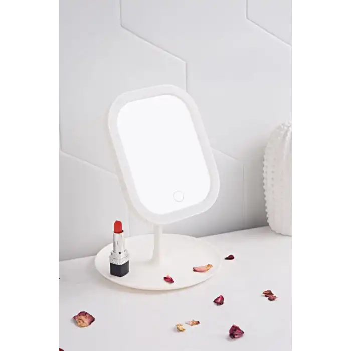 Led Işıklı Dokunmatik Makyaj Aynası Pembe Beyaz 3 Kademeli Işık Ayarlı 360° Döner Başlıklı Masaüstü Ayna Kare