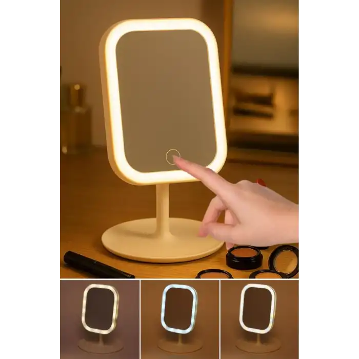 Led Işıklı Dokunmatik Makyaj Aynası Pembe Beyaz 3 Kademeli Işık Ayarlı 360° Döner Başlıklı Masaüstü Ayna Kare